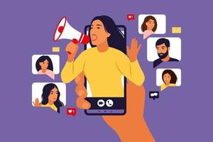 Hands holding smartphone with a girl shouting in loud speaker. Influencer marketing, social media or network promotion. Blogger promotion services and goods for her followers online. Vector. vector