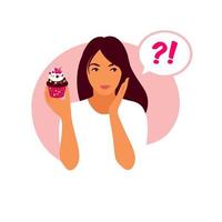 Nutrition concept. Woman choosing between healthy meal and unhealthy food. Vector illustration. Flat.