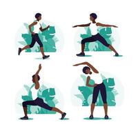 mujer africana haciendo ejercicio en el parque. Deportes al aire libre. estilo de vida saludable y concepto de fitness. ilustración vectorial en estilo plano. vector