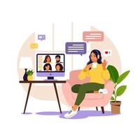 Woman using computer for collective virtual meeting and group video conference. Man at desktop chatting with friends online. Video conference, remote work, technology concept. vector