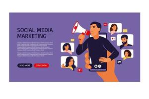Man in smartphone shouting in loud speaker. Influencer or social marketing banner, flyer, web page. Social media account promotion, audience or followers growth. People hold mobile phones and chat. vector