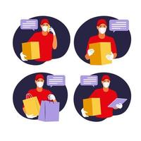 Delivery of goods during the prevention of coronovirus, Covid-19. Courier in a face mask with a box in his hands. Portrait from the waist up. Vector flat illustration.