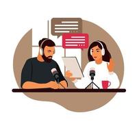 Podcaster talking to microphone recording podcast in studio. Radio host with table flat vector illustration.