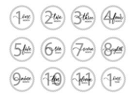 Vector set of stickers for children from birth to one year with smooth line calligraphy. It can be used for photo shoots stickers for nursery cards, posters, invitations.