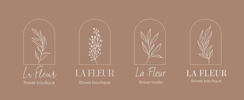 Logo design template and monogram concept in trendy linear style with arch - floral frame with copy space for text or letter - emblem for fashion, beauty and jewellery, Wedding invitation, socia. vector