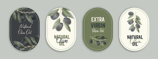 Vector labels with watercolor olive branch. Emblem composition with olives and typography.