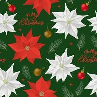 Christmas poinsettia flower and pine branch seamless pattern. Watercolor style plants on white background. Collection for holiday banners. Home floral decoration. vector