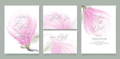 Wedding invitation template, with watercolor pink magnolia and handmade calligraphy. vector