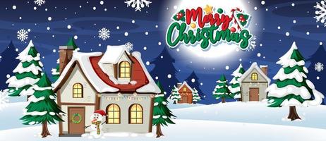 Christmas banner with house and snow falling at night vector