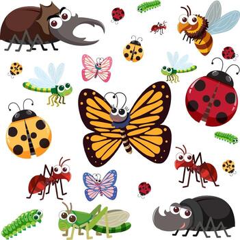 Seamless pattern with many different beetles character on white background vector