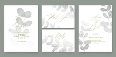 Wedding invitation template, with watercolor eucalyptus, green leaves, brunches, and handmade calligraphy. vector