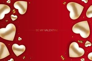 Be my Valentine. Gold 3d hearts on red background. vector