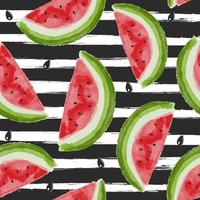 Seamless background with watercolor watermelon slices on trendy striped background. Vector illustration.