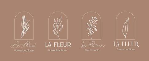 Logo design template and monogram concept in trendy linear style with arch - floral frame with copy space for text or letter - emblem for fashion, beauty and jewellery, Wedding invitation, socia. vector