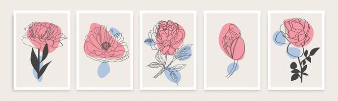 Collection of drawings of flowers with linear art. Vector hand illustration.