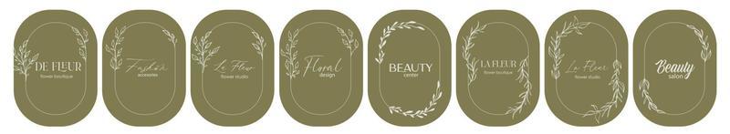 Logo design template and monogram concept in trendy linear style with arch, floral frame,emblem for fashion, beauty and jewellery, Wedding invitation, socia. La Fleur - flower in French.