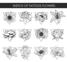 Sketch of flowers tattoos vector elements.