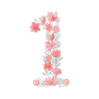 Floral Watercolor Number 1.Number one Made of Flowers. Number Monogram. vector