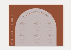 Arched Boho wedding seating chart template, Terracotta and burnt orange seating plan. vector