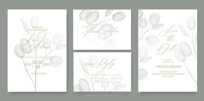 Wedding invitation template, with watercolor eucalyptus, green leaves, brunches, and handmade calligraphy. vector