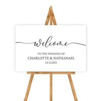 Welcome to the wedding of - wedding calligraphic sign with wood tablet.