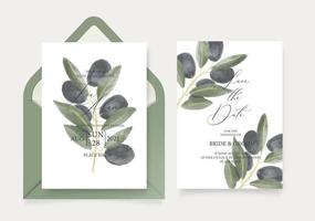 Wedding invitation card template, with watercolor olive branch, green leaves, brunches, and handmade calligraphy. vector