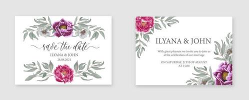 Plantilla de tarjeta de invitación de boda con peonía acuarela. Ahorre la fecha con flores y hojas, estilo acuarela para imprimir, insignia. vector