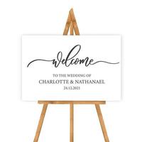 Welcome to the wedding of - wedding calligraphic sign with wood tablet. vector