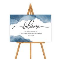 Welcome to the wedding of - wedding calligraphic sign with watercolor and wood tablet. vector