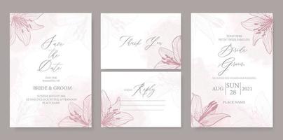 Modern wedding invitation template, with watercolor stains, pink lilies, and handmade calligraphy. vector