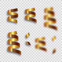Set of shiny golden confetti, tape, serpentine isolated on transparent background. Bright festive tinsel of gold color. vector
