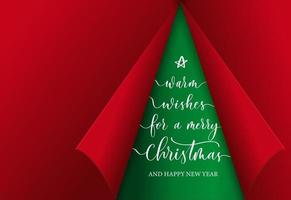 Christmas red paper sheet with curled corners as tree. Curled page corner with shadow and lettering. vector