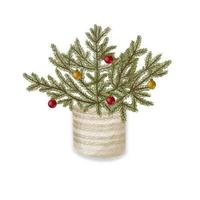 Vintage christmas tree with xmas balls in wicker basket. Merry Christmas and happy new year. vector