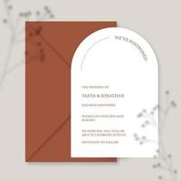 invitación de boda moderna, plantilla de invitación de boda naranja quemada, forma de arco con sombra de gypsophila y caligrafía hecha a mano. vector