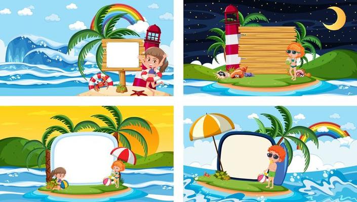 Set of different tropical beach scenes with blank banner