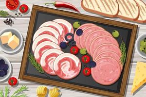 Platter of cold meats and smoked meats on the table background vector