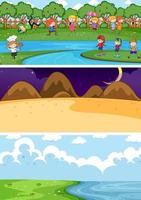 Set of different horizontal scenes background with doodle kids cartoon character vector