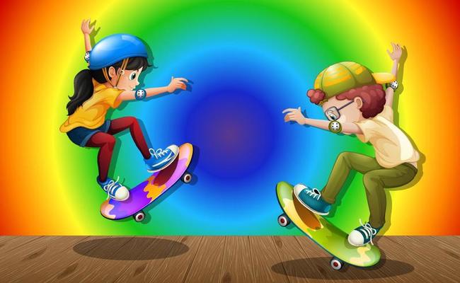 Children playing skateboard on rainbow gradient background
