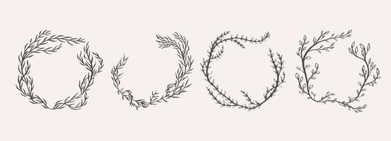 Vector vintage wreaths. Collection of trendy cute floral frames. Graphic design elements for wedding cards, prints, decoration, greeting cards. Hand drawn round illustration set.