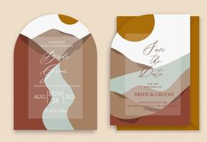 Wedding invitation set with mountains, river and fir-tree. vector