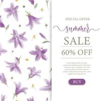 Banner de venta de verano con campanas de flores silvestres de pradera dibujadas a mano. diseño de patrón floral. vector