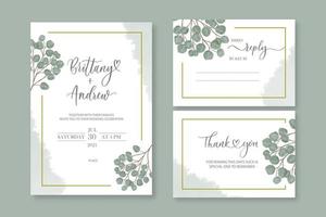 Wedding vector floral invite invitation thank you, reply watercolor design set eucalyptus green leaves elegant greenery.