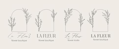 plantilla de diseño de logotipo y concepto de monograma en estilo lineal de moda con arco - marco floral con espacio de copia de texto o letra - emblema de moda, belleza y joyería, invitación de boda, socia. vector