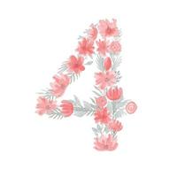 Floral Watercolor Number 4.Number four Made of Flowers. Number Monogram. vector