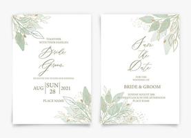 Wedding invitation card with elegant greenery watercolor leaves style collection design, watercolor texture background, brochure, invitation template. vector