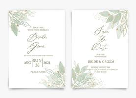 Tarjeta de invitación de boda con elegante diseño de colección de estilo de hojas de acuarela de vegetación, fondo de textura de acuarela, folleto, plantilla de invitación. vector