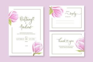 Wedding vector floral invite invitation thank you, reply watercolor design set magnolia pink flowers elegant.