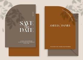Modern wedding invitation, burnt orange ang brown wedding invitation template, arch shape with leaf shadow and handmade calligraphy. vector