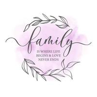 la familia es donde comienza la vida y el amor nunca termina. caligrafía dibujada a mano y inscripción de letras en una corona floral decorativa redonda. vector