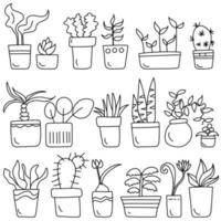 Conjunto de doodle de contorno de plantas de interior en macetas, suculentas y flores de hoja caduca para muebles para el hogar vector